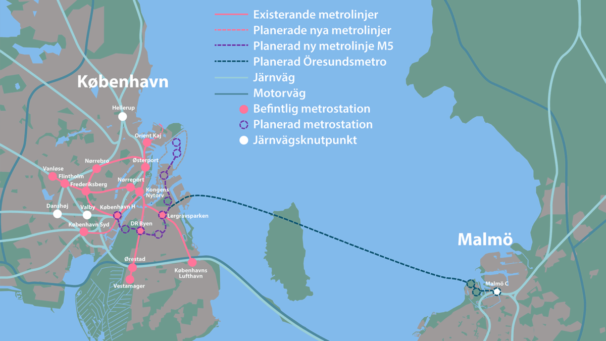 Karta över Öresund med Öresundsbron och den planerade Öresundsmetron (den streckade linjen)