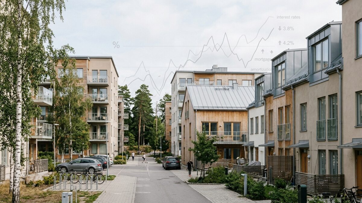 Kalkylator, nycklar och ekonomiska grafer framför moderna svenska bostadshus belyser bolåneräntor och hushållsekonomi
