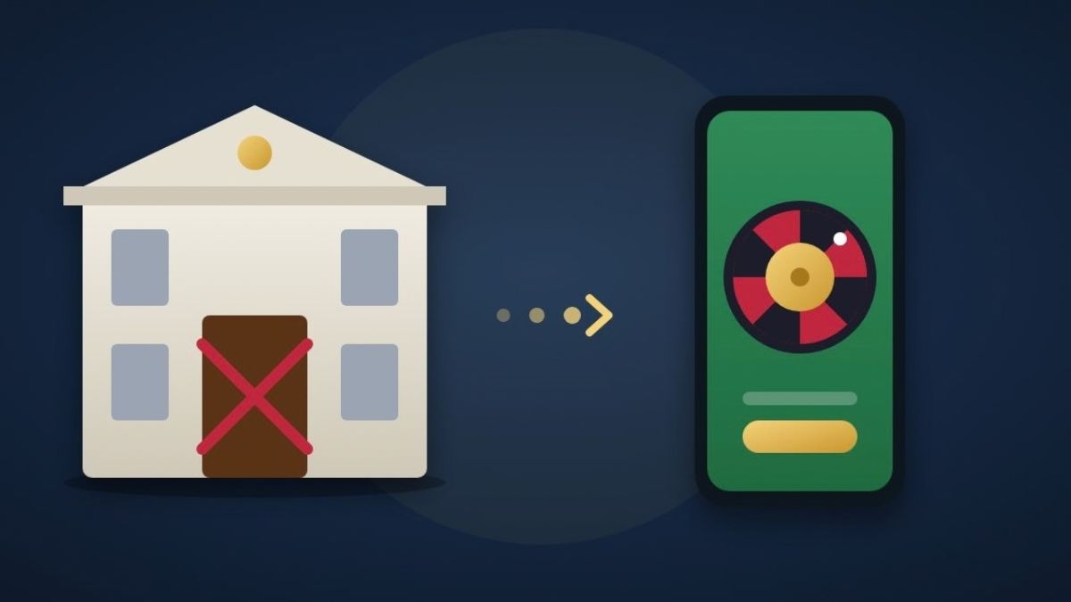 Casinobyggnad med stängd dörr bredvid en mobiltelefon med roulettebord