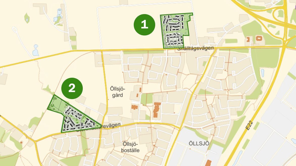 Illustrationsplan och översiktskarta över 200 nya planerade bostäder i Öllsjö i Kristianstad